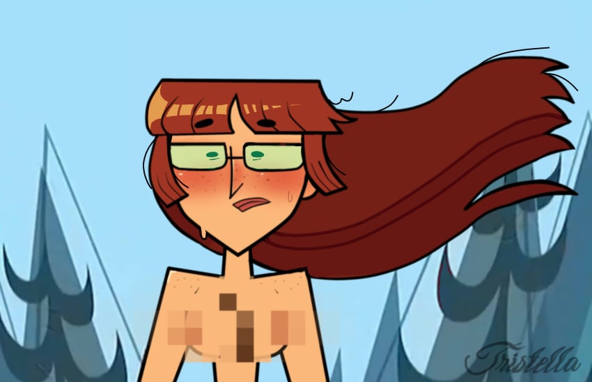 accidental_exposure accurate_art_style breasts canonical_scene censored embarrassed embarrassed_nude_female enf female female_only genderswap_(mtf) glasses harold_(tdi) heather's_lost_top long_hair mosaic_censoring nude outdoors red_hair rule_63 topless_female total_drama_island tristella