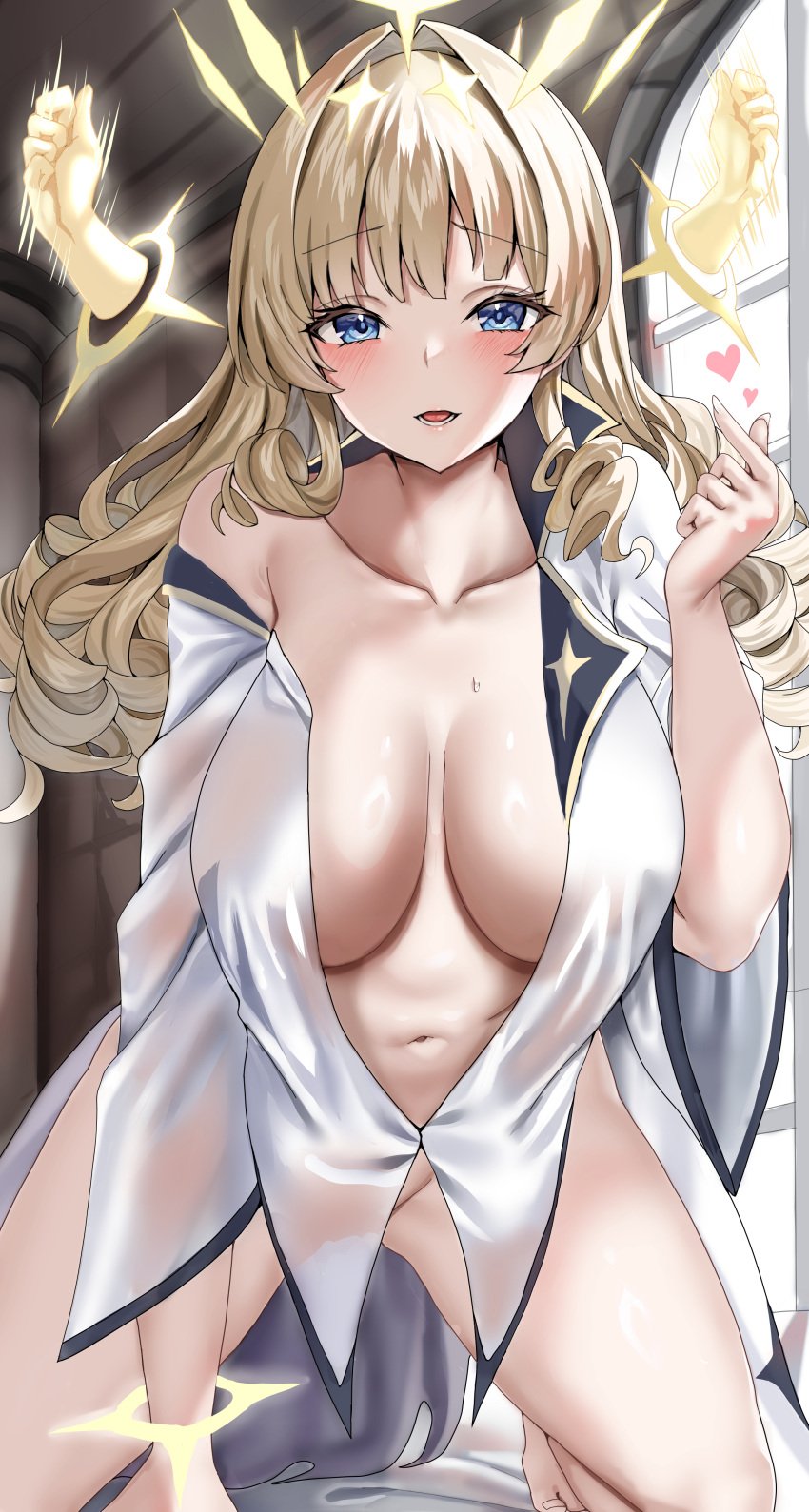 1girls absurd_res bare_shoulders big_breasts blonde_hair blue_eyes blush breasts crown crown_(naked_king)_(nikke) crown_(nikke) disembodied_hands drill_hair eyebrows_visible_through_hair fary5 female female_only goddess_of_victory:_nikke hair_intakes heart light-skinned_female light_skin long_hair looking_at_viewer naked_shirt navel official_alternate_costume open_mouth open_shirt partially_clothed sweat thighs