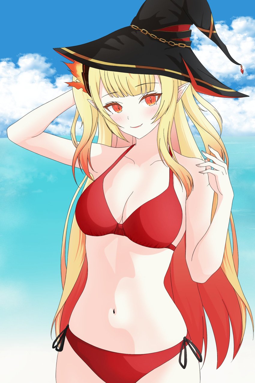 1girls 2d 2d_(artwork) alternate_costume arm_behind_head beach belly_button bikini blonde_hair blue_sky blush bra clouds day eternals_(idol_corp) female female_only front_view hat high_resolution highres hourglass_figure idol_corp idol_es light-skinned_female light_skin long_hair looking_at_viewer medium_breasts ocean outdoors pointy_ears raidenakatsuki red_bikini red_eyes red_hair ruby_runeheart sky smiling smiling_at_viewer solo standing summer thong thong_bikini two_piece_swimsuit two_tone_hair virtual_youtuber vtuber vtuberfanart witch_hat younger_female youtube youtube_hispanic