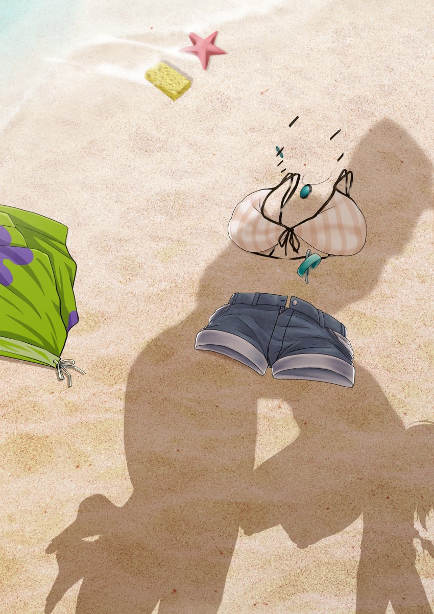 1boy aariyoo arknights bent_over breasts commission day doctor_(arknights) dressed_shadow_(meme) female hanging_breasts highres implied_nudity implied_sex meme nipples patrick_star sand sea_sponge shadow shadyoaks shorts spongebob_squarepants spongebob_squarepants_(character) standing starfish unworn_bikini_top unworn_clothes unworn_shorts utage_(arknights)