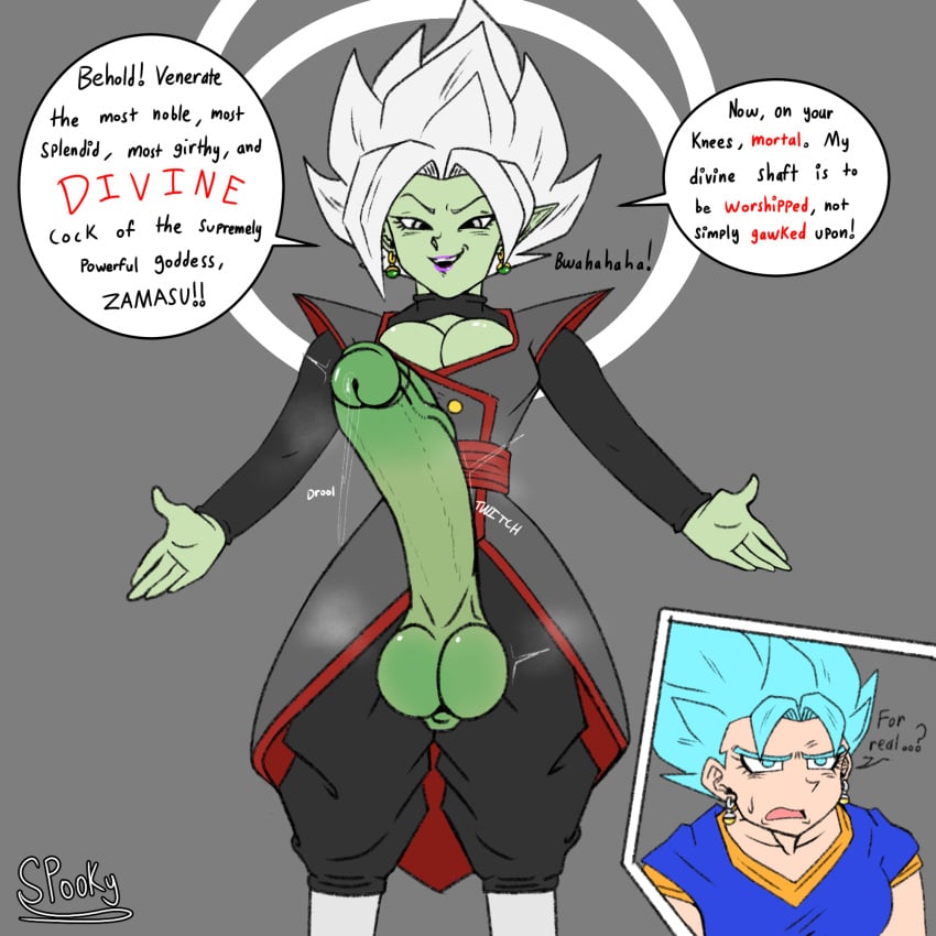 1futa 1girls balls big_balls big_breasts breasts clothed clothing demanding_blowjob dialogue dragon_ball dragon_ball_super earrings english_text erection female female_vegito female_zamasu futa_focus futanari green_penis green_skin halo huge_cock humanoid humanoid_penis massive_penis mostly_clothed penis potara_earrings rule_63 skurigami smooth_balls smooth_penis solo_focus standing super_saiyan_blue text vegito zamasu