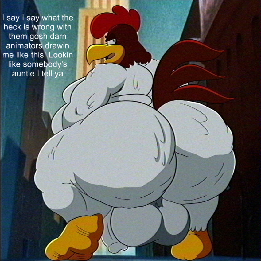 anthro ass avian back_fat balls big_balls big_butt big_penis bird cellulite chicken complaining crouching flaccid foghorn_leghorn galliform gallus_(genus) genitals hi_res huge_butt looney_tunes male male_only obese obese_male outside overweight overweight_male penis phasianid possbooty solo vhs_filter warner_brothers