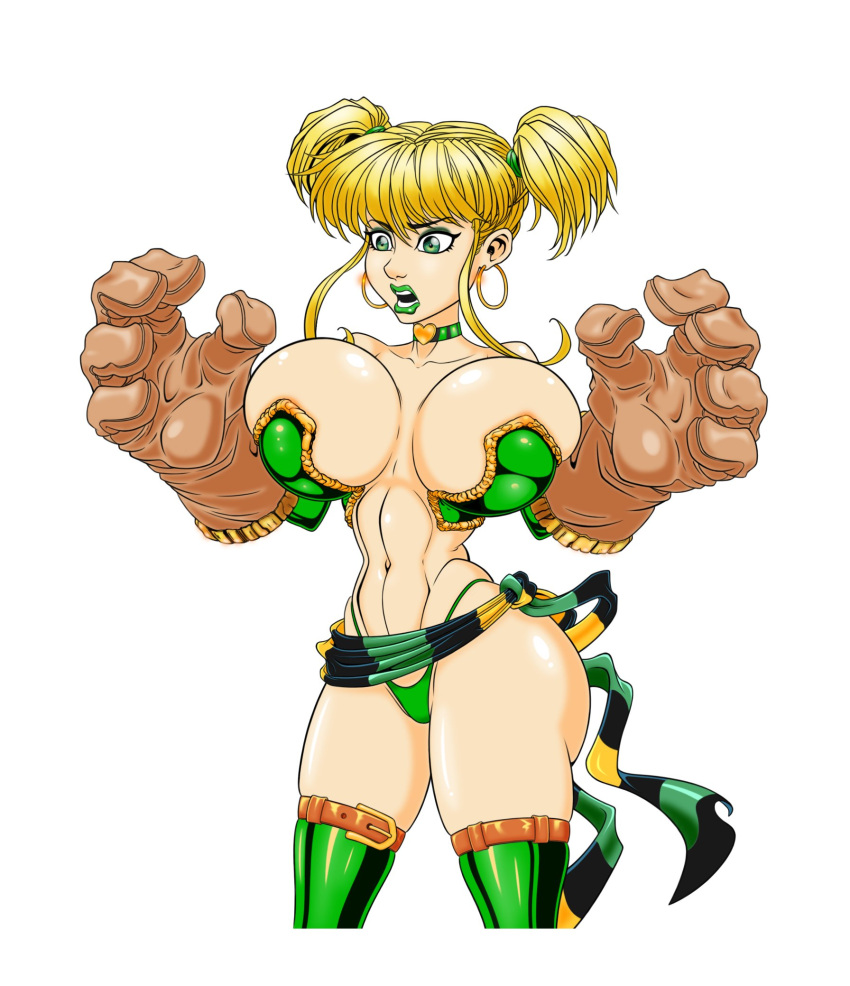 aged_up battle_chasers big_ass big_breasts blonde_hair boots bubble_butt bustier choker earrings eyeliner eyeshadow gloves green_boots green_eyes green_eyeshadow green_lipstick gully hairband lipstick long_gloves makeup noriyuki83 surprised_expression thigh_boots thong twintails waist_band