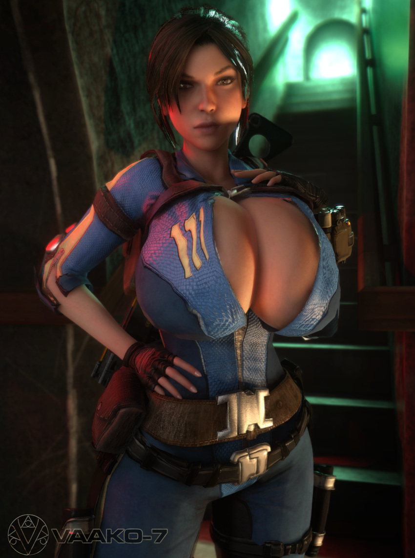 1girls 3d 3d_(artwork) alternate_ass_size alternate_breast_size bethesda_softworks bodysuit breasts_bigger_than_head breasts_bigger_than_torso brown_eyes brown_hair cleavage clothed clothed_female clothing computer electronics fallout female female_only female_solo fingerless_gloves front_view gigantic_breasts gloves hourglass_figure huge_breasts human human_female human_only lara_croft lara_croft_(l.a.u.) open_bodysuit open_clothes pip-boy slim_waist small_waist solo solo_focus thick_thighs thighs thin_waist tomb_raider tomb_raider_(l.a.u.) upper_body vaako vault_suit watermark wide_hips wristwear