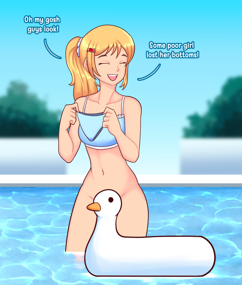 bikini bikini_bottom bikini_top blonde_hair bottomless female orangemint_4444 pool swimwear unaware