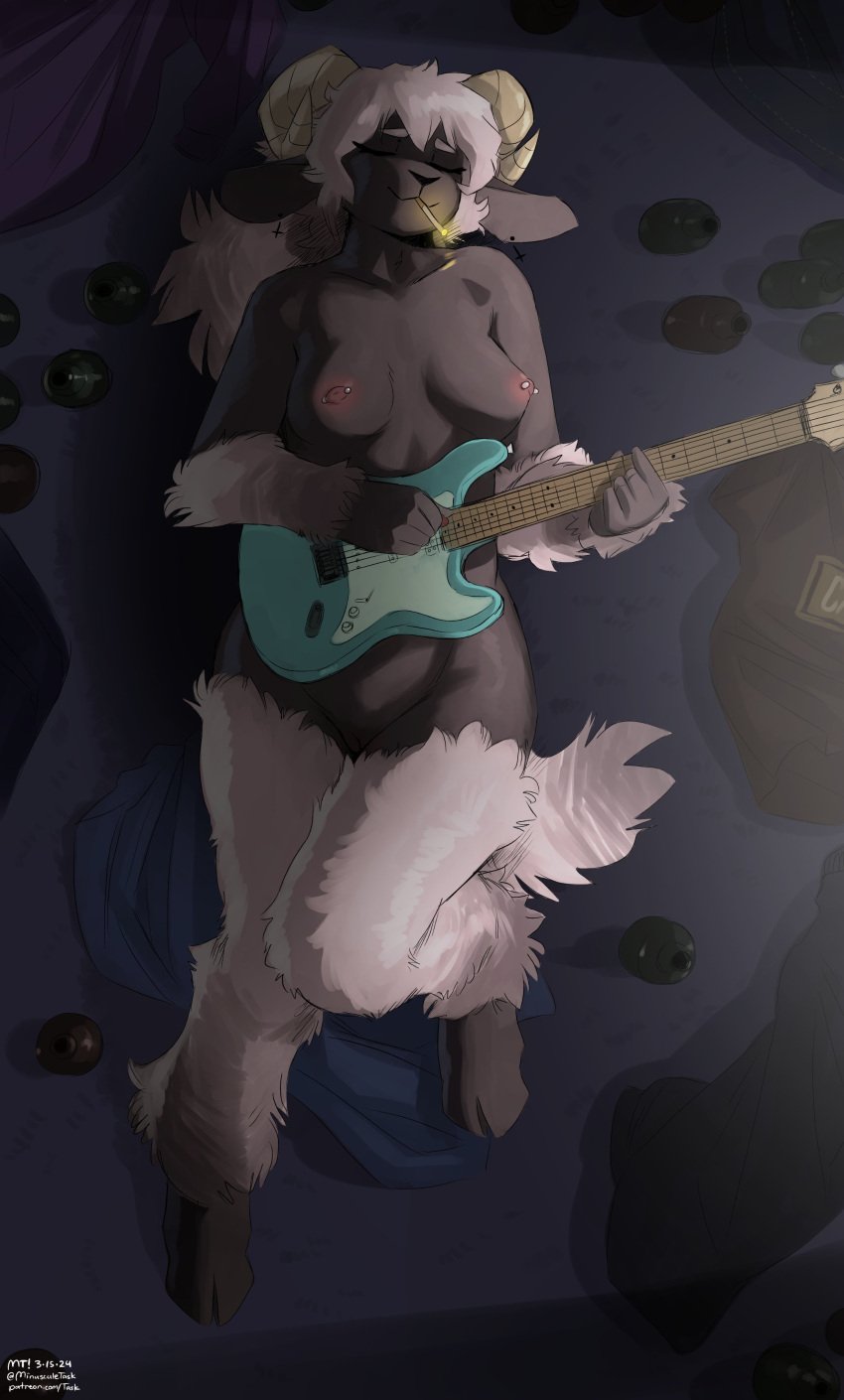 absurd_res anthro bovid breasts caprine casual_nudity cigarette cigarette_in_mouth closed_eyes cloven_hooves curved_horn domestic_sheep electric_guitar female fur genitals guitar hair hi_res hooves horn lying mammal musical_instrument nipple_piercing nipples object_in_mouth on_back piercing playing_guitar playing_music plucked_string_instrument pussy sheep smile smoking smoking_cigarette solo string_instrument the-minuscule-task white_hair wool_(fur)