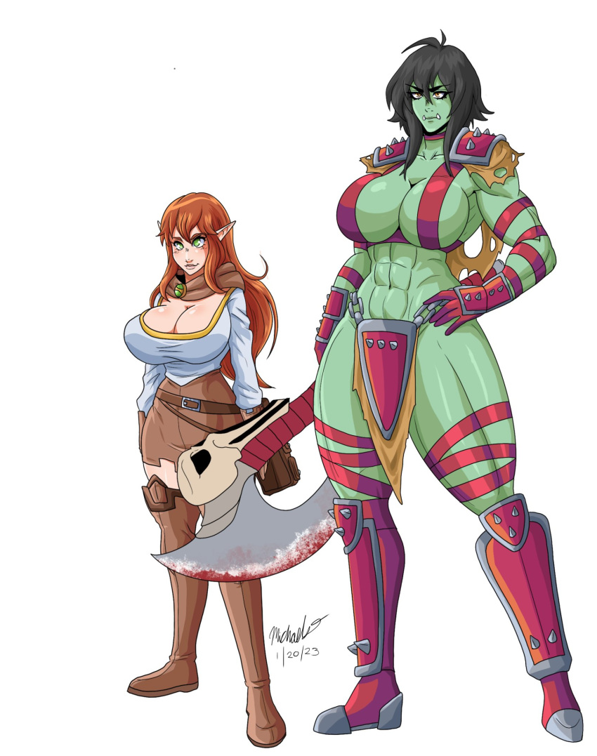 2d 2d_(artwork) 2girls abs armor axe big_breasts black_hair busty cleavage curvaceous curvy curvy_figure digital_media_(artwork) elf elf_ears elf_female fantasy female female_only hips hourglass_figure huge_breasts large_breasts light-skinned_female light_skin long_hair multiple_girls muscular muscular_female ninja-8004 orc orc_female original original_character original_characters pointy_ears red_hair revealing_clothes revealing_clothing slim_waist thick_thighs tusks urzulah_(ninja-8004) voluptuous voluptuous_female waist weapon white_background wide_hips