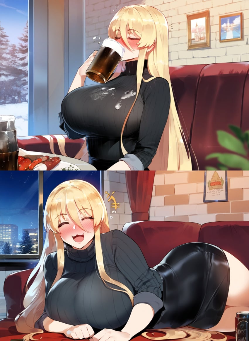 :3d ai_generated azur_lane beer beer_mug bismarck_(azur_lane) blush clothed_female clumsy cute drunk henrik_n huge_breasts massive_breasts novelai thiccwithaq_(ai_style) thick_thighs voluptuous voluptuous_female wide_hips