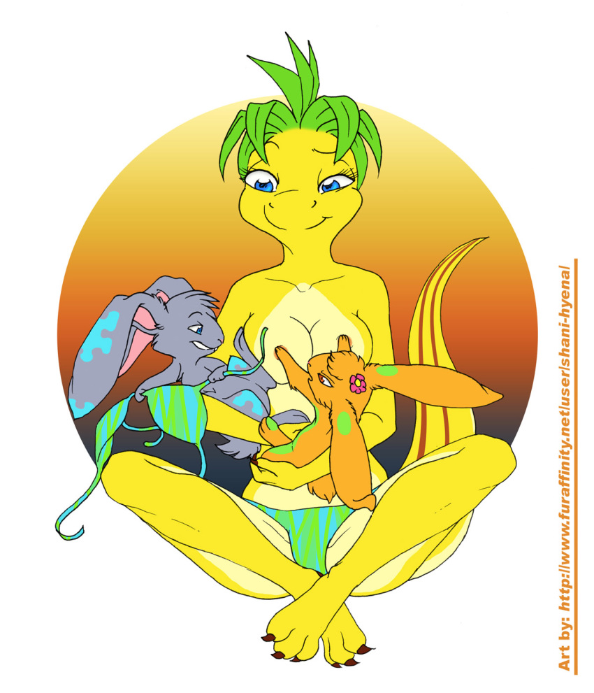 1girls ambiguous_gender anthro bikini breasts claws crossed_legs female furry lagomorph leza_zingy linna lizard paws puzzles reptile scalie shani-hyena skimpy text yellow