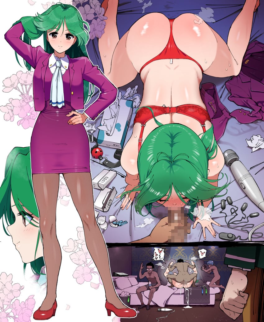 1girls 6+boys absurdres aburisamon all_fours ascot asou_kasumi ass ball_gag blush bra brown_eyes brown_pantyhose camera censored clenched_hand clothing commentary_request commission condom condom_box cum cum_overflow egg_vibrator fellatio female gag gangbang green_hair group_sex hair_lift hand_on_own_hip highres hitachi_magic_wand holding holding_camera jacket long_hair male matching_underwear mating_press mosaic_censoring multiple_boys on_bed open_mouth oral panties pantyhose penetration penis pink_jacket pink_shirt pink_skirt rape recording red_bra red_footwear red_panties sex sex_toy shirt skeb_commission skirt smile spread_legs straight tissue_box tokimeki_memorial tokimeki_memorial_2 too_many_sex_toys underwear used_condom used_tissue vibrator waving white_ascot wide_hips