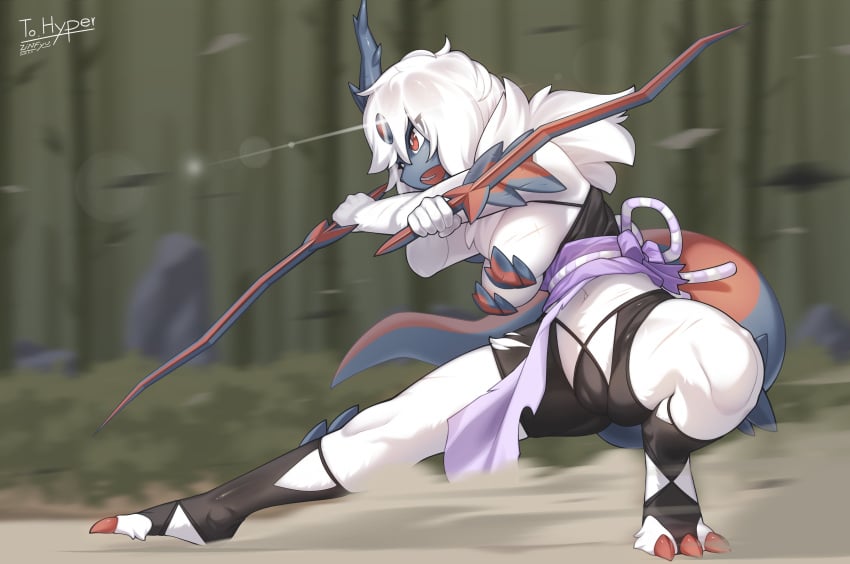 2024 3_toes 5_fingers absol absurd_res anthro anthro_only breasts camel_toe claws clothed clothing feet female fingers fur generation_3_pokemon genital_outline hair hi_res holding_melee_weapon holding_object holding_sword holding_weapon horn melee_weapon navel nintendo open_mouth outside partially_clothed pokemon pokemon_(species) pussy_outline red_eyes scar side_view solo standing sword teeth toe_claws toes weapon white_body white_fur white_hair zinfyu