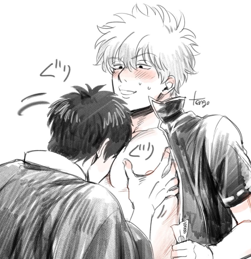 blush face_in_breasts face_in_chest face_in_pecs flustered gay gintama gintoki_sakata hijikata_toshiro male male_only money open_shirt pec_grab pec_grasp sketch spot_color sweatdrop tttttengo upper_body yaoi