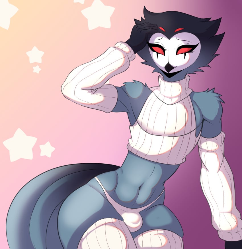 absurd_res anthro avian biped bird bulge clothing crop_top demon detailed_bulge femboy fur grey_body grey_fur grey_hair hair helluva_boss hi_res leggings legwear looking_at_viewer male male_anthro navel owl owl_demon panties red_eyes shirt short_hair simple_background smile solo star stolas_(helluva_boss) thick_thighs thong tocatao topwear underwear white_clothing white_face white_leggings white_legwear