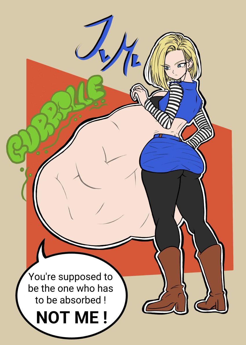 android_18 big_belly blonde_hair cell_(dragon_ball) digestion digestion_noises dragon_ball dragon_ball_z female_pred gurgle jevmav male_prey revenge role_reversal unwilling_prey vore vore_belly