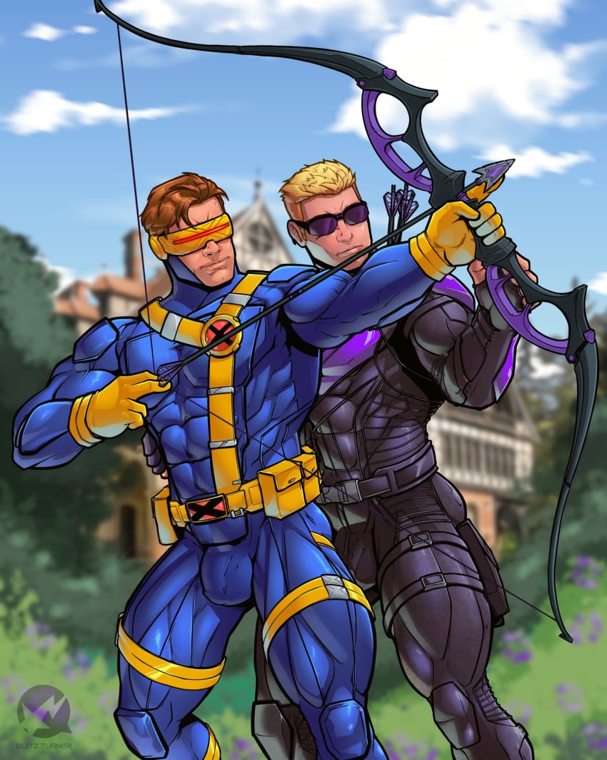 2males arrow avengers blonde_hair clint_barton cyclops_(x-men) hawkeye male male_only marvel outside scott_summers x-men