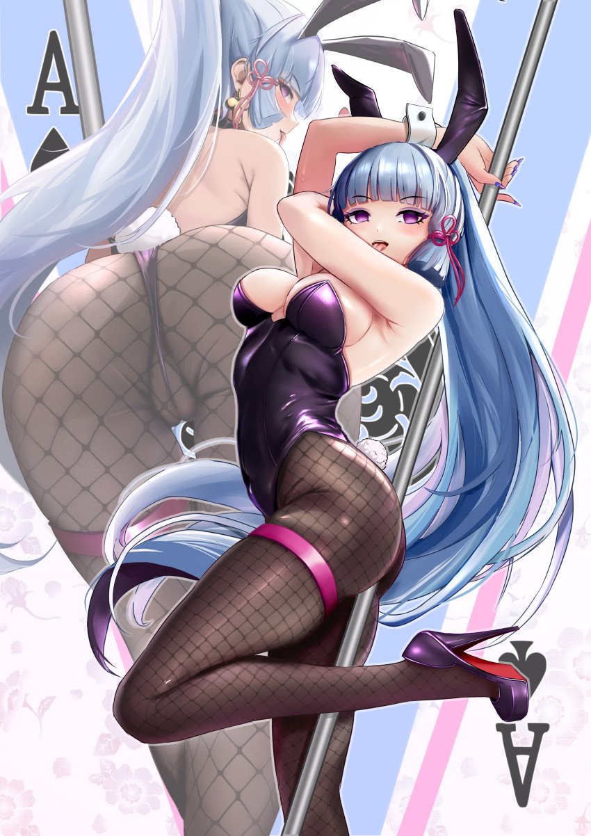 absurdres ace_(playing_card) ace_of_spades alternate_costume alternate_eye_color animal_ears black_leotard blue_eyes blue_hair blunt_bangs bow breasts card corruption fake_animal_ears fake_tail female fishnet_pantyhose fishnets genshin_impact hair_ribbon high_heels highleg highleg_leotard highres hypnosis kamisato_ayaka leotard long_hair looking_at_viewer mind_control multiple_views pantyhose perianist playboy_bunny playing_card pole_dancing ponytail rabbit_ears rabbit_tail ribbon smile solo spade_(shape) strapless strapless_leotard tail tongue tongue_out wedgie wrist_cuffs