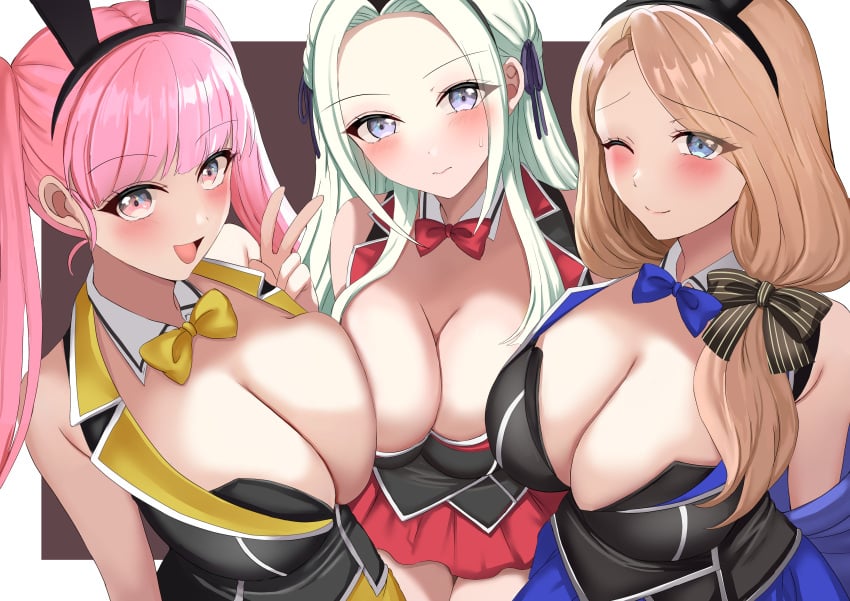 3girls absurdres alternate_breast_size alternate_costume animal_ears asymmetrical_docking black_hairband blonde_hair blue_bow blue_bowtie blue_eyes bow bowtie breast_press breasts bunny_ears bunny_garden bunny_girl bunnysuit cleavage closed_mouth cosplay edelgard_von_hresvelg fake_animal_ears female female_only fire_emblem fire_emblem:_three_houses hairband hairbow highres hilda_valentine_goneril kana_(bunny_garden) kana_(bunny_garden)_(cosplay) large_breasts long_hair looking_at_viewer low-tied_long_hair mercedes_von_martritz miuka_(bunny_garden) miuka_(bunny_garden)_(cosplay) multiple_girls nintendo one_eye_closed open_mouth pink_bow pink_bowtie pink_eyes pink_hair playboy_bunny purple_eyes rabbit_ears red_bow red_bowtie rin_(bunny_garden) rin_(bunny_garden)_(cosplay) smile tara_(szzj7733) v white_hair