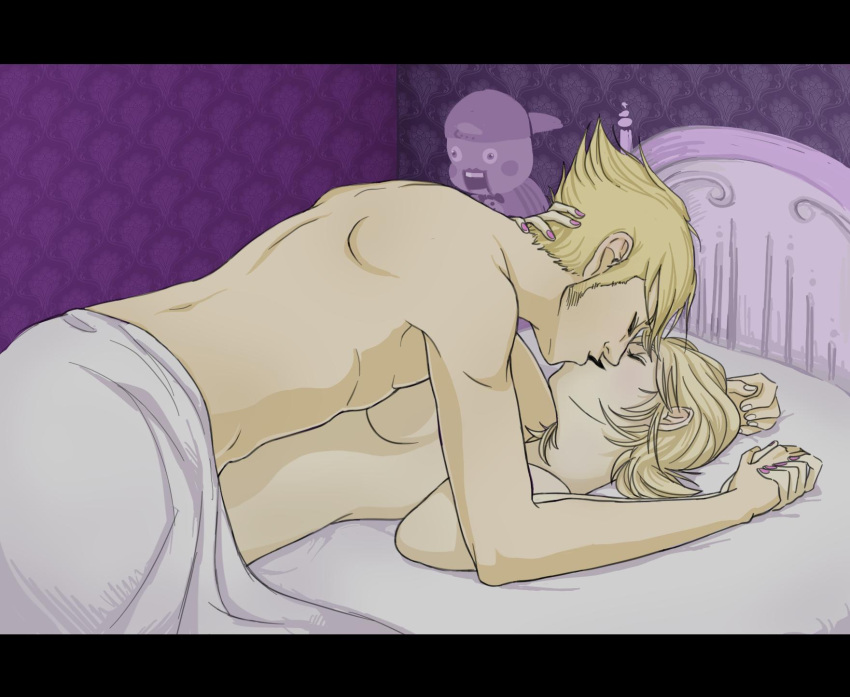 1boy 1girls bammeo bed bedroom black_lipstick blonde_hair breasts closed_eyes dirk_strider homestuck kissing lil_cal_(homestuck) ms_paint_adventures naked pink_nails romantic roxy_lalonde short_hair straight white_skin