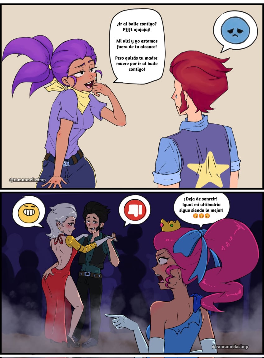 1boy 2girls angry bandana belle_(brawl_stars) black_hair brawl_stars colt_(brawl_stars) comic dress female mocking pink_hair purple_hair ramunne red_hair shelly_(brawl_stars) smile spanish_text tagme text text_bubble topwear white_hair