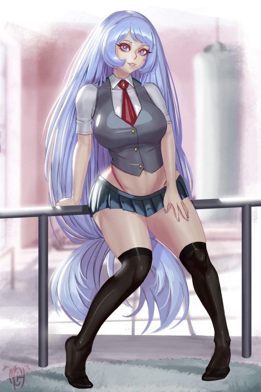 1girls aqua_hair aquamarine_hair arms ass_bigger_than_torso big_breasts blue_eyes blue_hair boku_no_hero_academia eyeliner female female_focus female_only hadou_nejire hand_on_leg hand_on_railing heroine hips human legwear long_hair looking_at_viewer makeup miniskirt mrcorvus my_hero_academia necktie nejire_hado pole school_uniform schoolgirl schoolgirl_uniform sitting sitting_down smile smiling smiling_at_viewer solo suggestive suggestive_look suggestive_pose suggestive_posing thong topwear very_long_hair visible_underwear voluptuous voluptuous_female