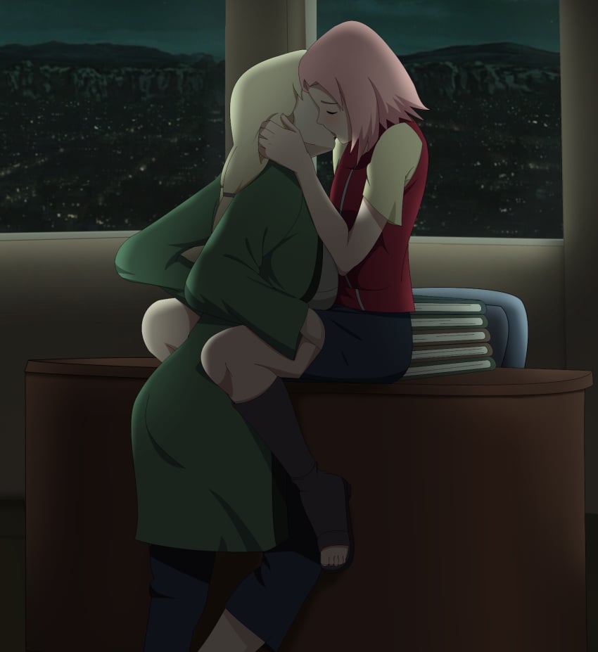 2girls adult adult_and_teenager age_difference blonde_hair closed_eyes dark_room female female/female female_only hokage_office indoors kissing larger_female mature mature_female multiple_girls naruto naruto_(series) naruto_shippuden night office older_woman_and_teenage_girl optimystic pink_hair sakura_haruno sitting sitting_on_desk size_difference smaller_female standing teacher_and_student teenager tsunade yuri