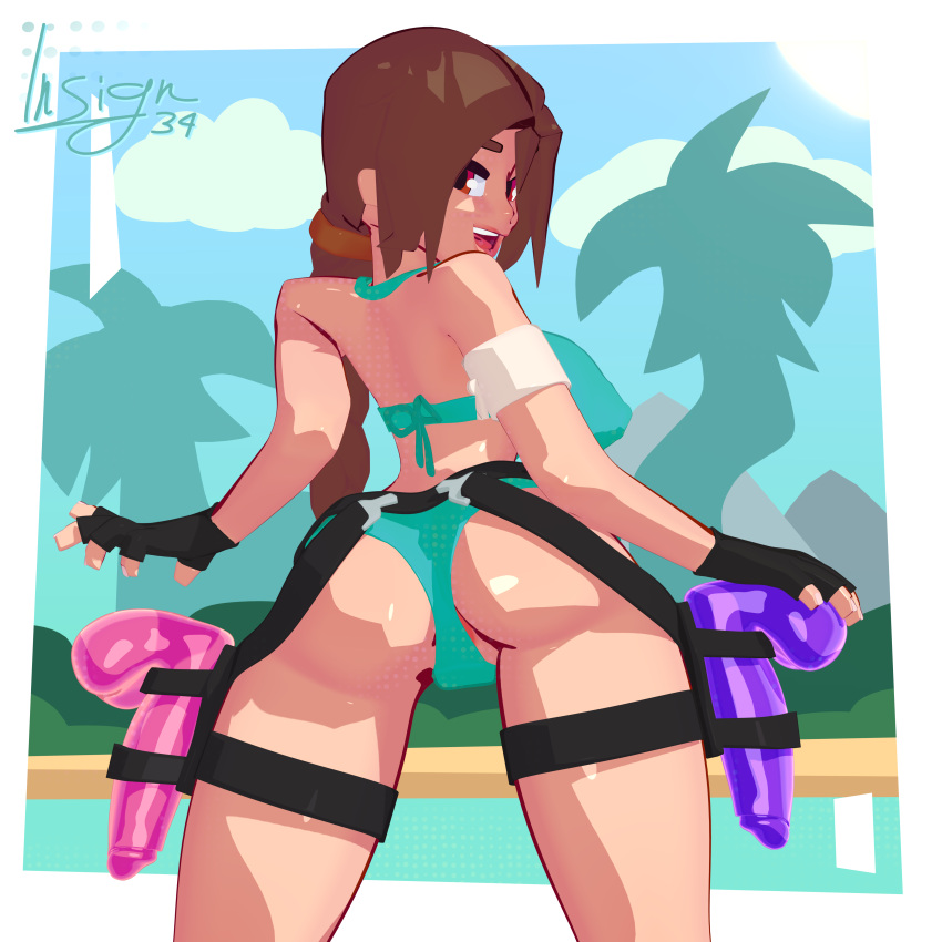 1girls 2d 2d_(artwork) 3d 3d_(artwork) ass ass_focus back background beach belt big_ass big_breasts bikini blue_clothing border braid breasts brown_eyes brown_hair clothed day dildo female female_focus female_only gloves hi_res highres hips holster insign34 is34 lara_croft lara_croft_(classic) light_skin long_hair looking_at_viewer looking_back nipples open_mouth pussy sex_toy shoulders smile solo thighs tomb_raider toony twitter_username viewed_from_behind