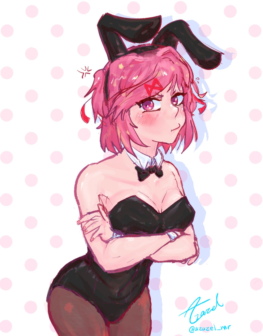 1female 1girls 5_fingers anger_vein artist_name azazel_mr azazel_mr background bare_shoulders black_bow blush blush_lines blushing bow bow_collar breasts bunny_ears bunny_suit bunnysuit collar doki_doki_literature_club female female_focus female_solo girl natsuki_(doki_doki_literature_club) pink_eyes pink_hair polka_dot_background polka_dot_panties pout solo solo_female solo_focus twitter_username