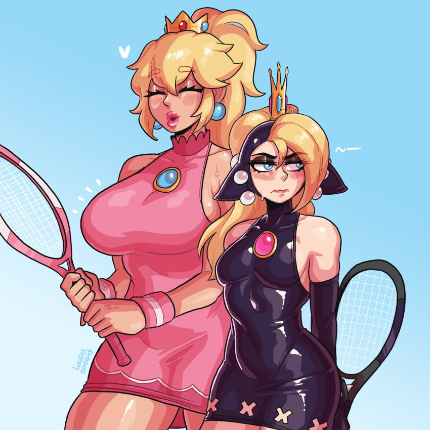 2girls big_lips blonde_hair blue_eyes blush breast_envy clothed clothing embarrassed envious female fully_clothed happy jealous jealousy large_breasts latex latex_clothing latex_dress latex_gloves latex_suit lips lipstick loggus_doggus mario_(series) mario_tennis nintendo pink_dress pink_lipstick ponytail princess princess_peach shiny_clothes small_breasts tennis_racket tennis_uniform thick_lips tiara tight_clothing wapeach