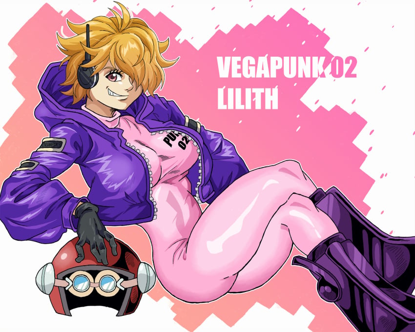 1girls 2023 big_breasts blumper3 bodysuit crossed_legs curvy curvy_figure egghead female female_focus female_only jacket one_eye_covered one_piece pale-skinned_female short_hair simple_background sitting tight_clothing vegapunk_lilith