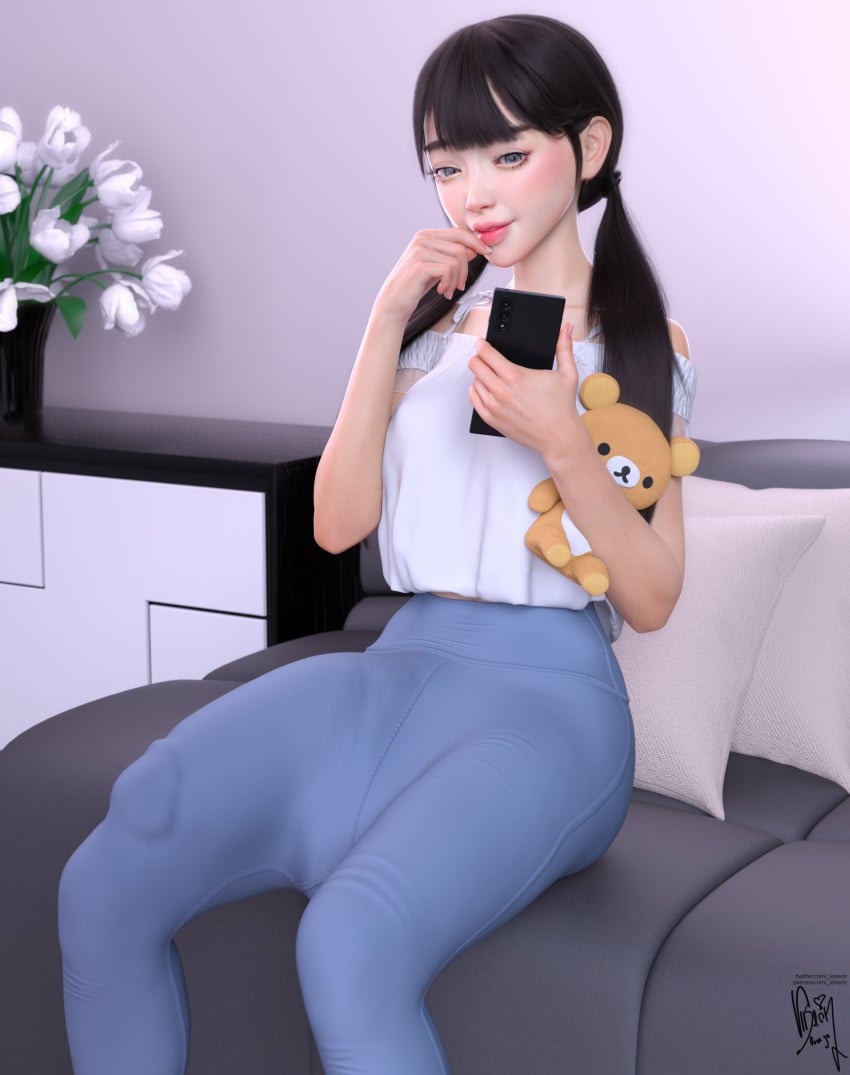 1futa 3d ai_(viiseon) bangs blue_pants breasts bulge bulge_through_clothing couch erection erection_under_clothes flower futa_only futanari gray_eyes huge_balls huge_cock hyper hyper_penis indoors light_skin living_room medium_hair on_couch penis phone rilakkuma rilakkuma_(series) san-x shirt sitting skin_tight small_breasts smile solo solo_futa sweatpants teddy_bear twintails viiseon white_shirt