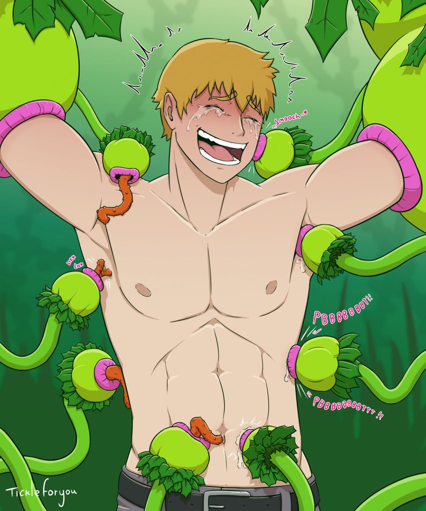 arataka_reigen blonde_hair feet_out_of_frame licking male male_focus male_only mob_psycho_100 plant_on_human plants shirtless sound_effects tears tickle_torture ticklesforyou tickling tickling_armpits tickling_belly tickling_belly_button tickling_sides