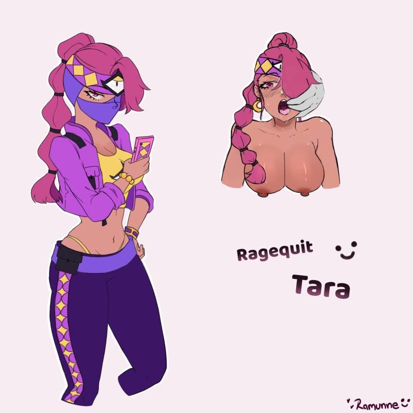 1girls areolae bandana big_breasts brawl_stars crop_top english_text female jacket long_hair mask medium_breasts navel nipples pants purple_eyes purple_hair ramunne smartphone solo solo_female standing tagme tara_(brawl_stars) text thong topwear white_background