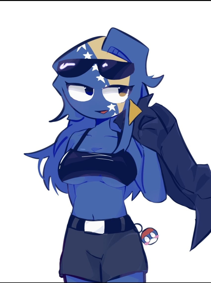 blue_body blue_eyes blue_skin blue_tits bosnia_and_herzegovina_(countryhumans) countryhumans countryhumans_girl female sunglasses_on_head yuyuzikeai