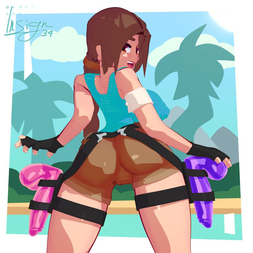 1girls 2d 2d_(artwork) 3d 3d_(artwork) ass ass_focus back background beach belt big_ass big_breasts blue_clothing border braid breasts brown_clothing brown_eyes brown_hair clothed day dildo female female_focus female_only gloves hi_res highres hips holster insign34 is34 lara_croft lara_croft_(classic) light_skin long_hair looking_at_viewer looking_back nipples open_mouth pussy sex_toy shirt shorts shoulders smile solo thighs tomb_raider toony twitter_username viewed_from_behind