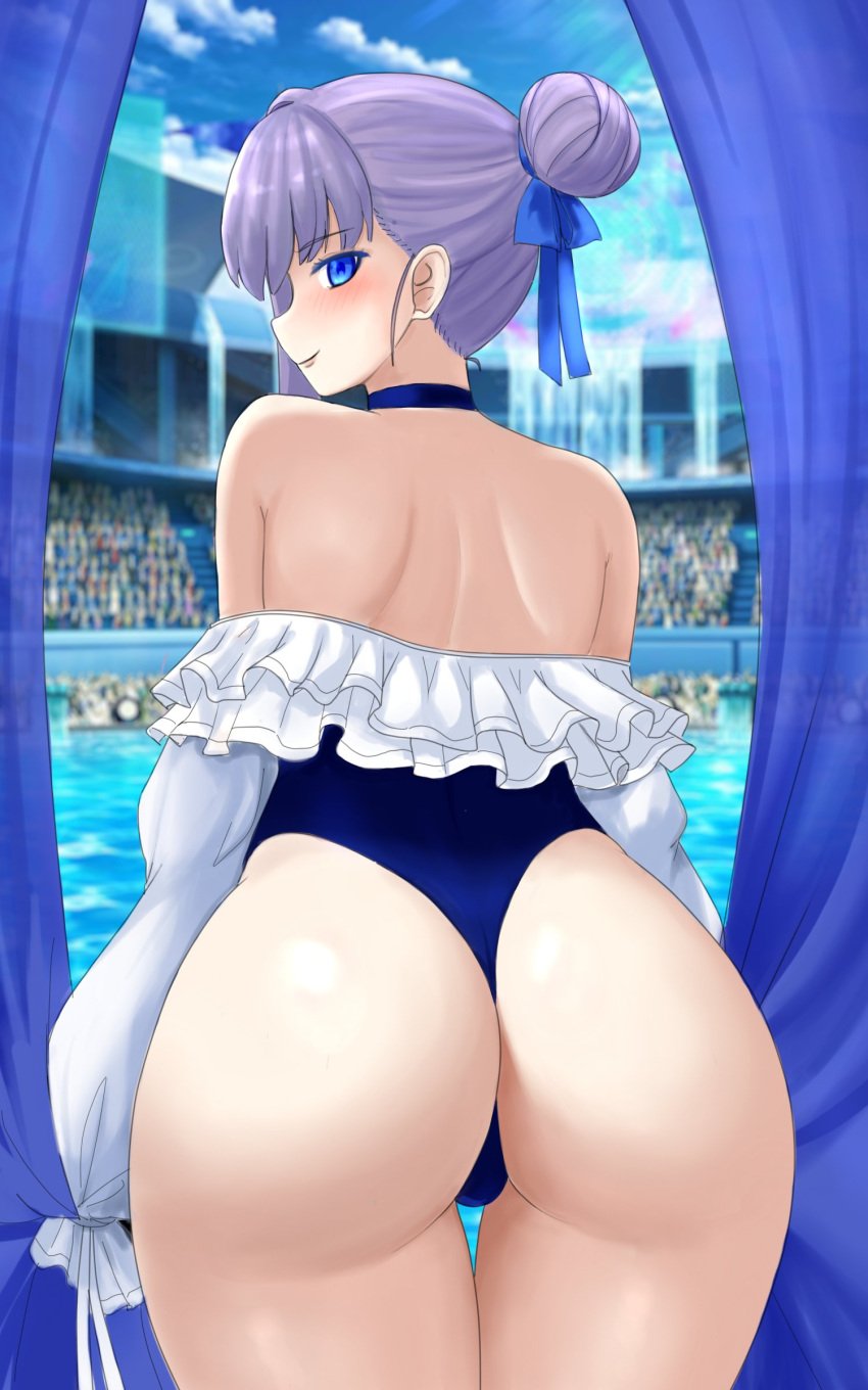 1girls ass_focus bare_shoulders big_ass big_butt blue_eyes blue_hair_ribbon blue_swimsuit blush blush bubble_ass bubble_butt butt_focus fate/grand_order fate_(series) female female_only hair_bun hair_tied hair_tied_back light-skinned_female light_skin light_skinned_female meltryllis meltryllis_(swimsuit_lancer)_(fate) purple_hair raskasar round_ass round_butt swimsuit