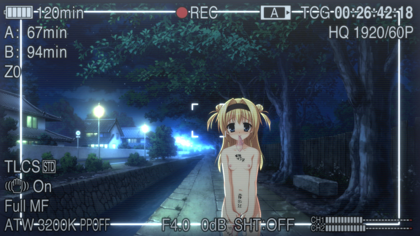 accurate_art_style after_sex blue_eyes blush body_writing chitose_sana condom embarrassed_nude_female exhibitionism gangbang imouto kobuichi night nude nude_filter photoshop recording road tenshinranman yellow_eyes yuzu-soft