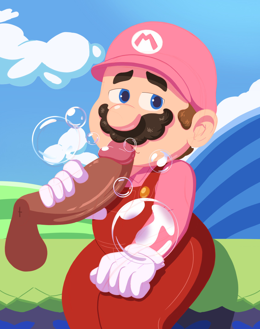 2boys black_penis blue_eyes brown_hair clothed clothing disembodied_penis gay male male/male male_only mario mario_(series) multiple_boys oral outdoors penis ricostanny sitting solo_focus super_mario_bros._(2023_film) super_mario_bros._wonder testicles yaoi