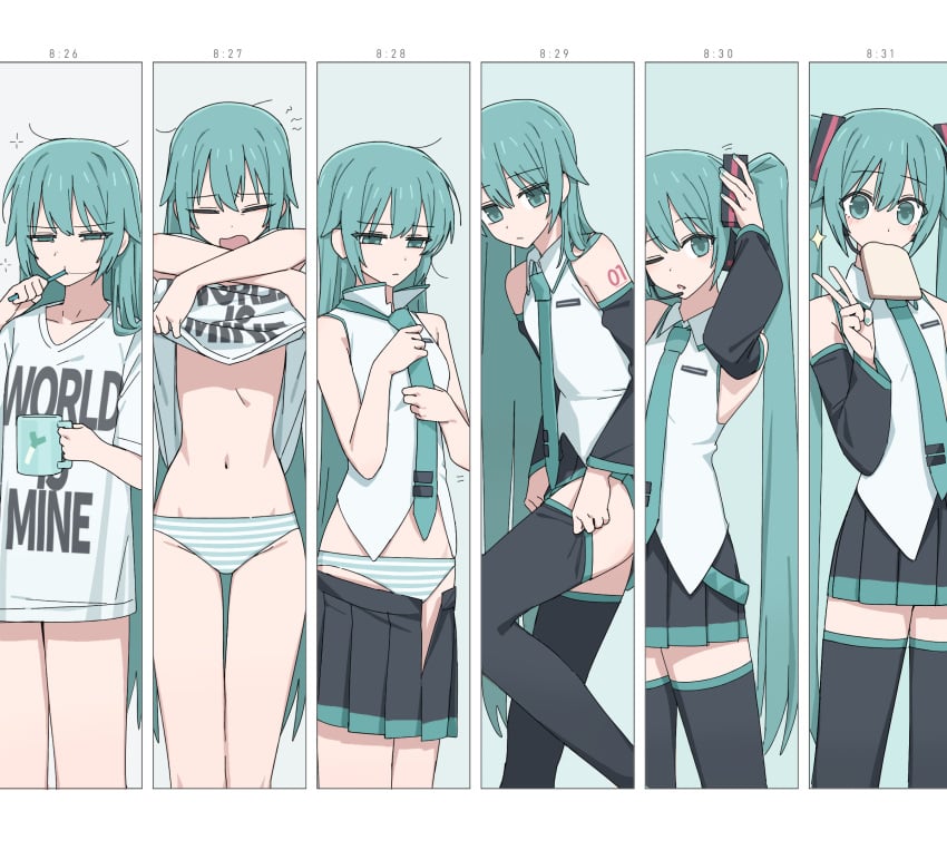 5_fingers 6girls _caststation blue_hair bread bread_in_mouth caststation english_text female food girl hatsune_miku light_blue_hair long_hair messy_hair morning motion_lines mug navel panties pantsu safe safe_for_work sfw shimapan skirt text text_on_body text_on_clothing text_on_topwear thigh_gap thigh_highs thighhighs thighs thin_waist tie time toothbrush twin_tails vocaloid