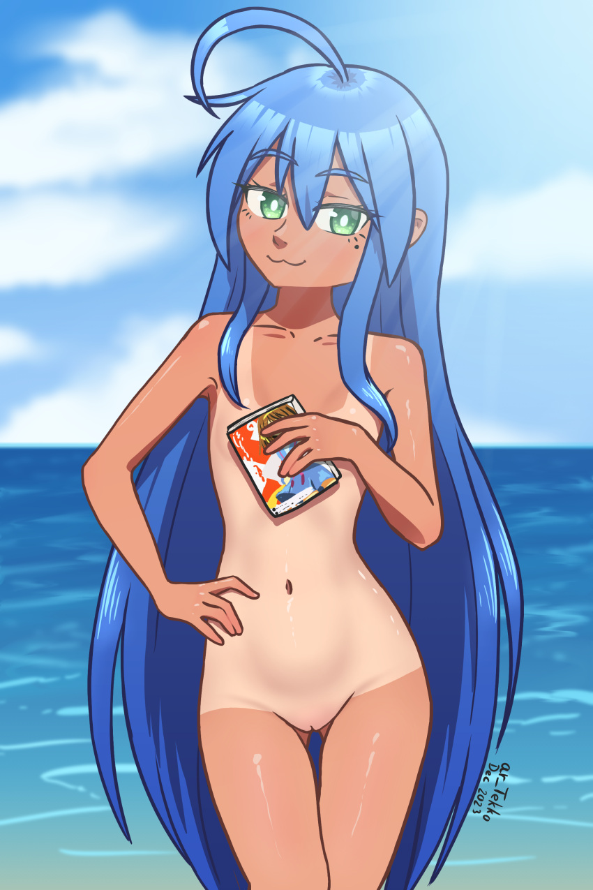 1girls :3 ahoge ar_tekko arm_on_hip beach blue_hair breasts completely_nude completely_nude_female covered_nipples eyebrows_visible_through_hair female female female_focus female_only front_view fully_nude green_eyes konata_izumi light-skinned_female light_skin long_hair lucky_star manga_(object) mole_under_eye naked naked_female nude nude_female nudity outdoors outside pussy self_upload small_breasts smug smug_face solo solo_female solo_focus tan tan-skinned_female tan_body tan_skin tanline tanlines tanned_skin