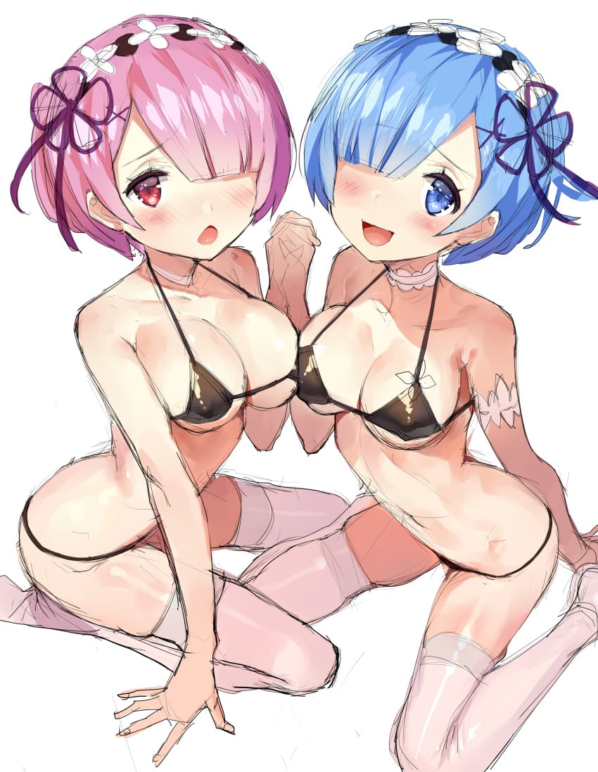 2girls asymmetrical_docking bare_shoulders bikini black_bikini blue_eyes blue_hair breasts female female_only gaou gaou_(umaiyo_puyoman) hair_over_one_eye holding_hands human kneehighs kneeling maid_headdress matching_hair/eyes medium_breasts multiple_girls navel on_knees pink_eyes pink_hair ram_(re:zero) re:zero_kara_hajimeru_isekai_seikatsu rem_(re:zero) short_hair sisters thighs twins x_hair_ornament