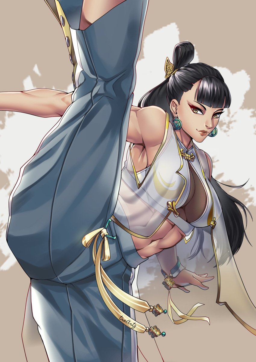 1girls abs alternate_costume asian asian_female ass big_ass big_breasts breasts brown_hair capcom chun-li cleavage female light-skinned_female light_skin mature_female milf nail_polish official_alternate_costume street_fighter street_fighter_6 tear-away_pants thick_thighs thotlerrr treartz wide_hips