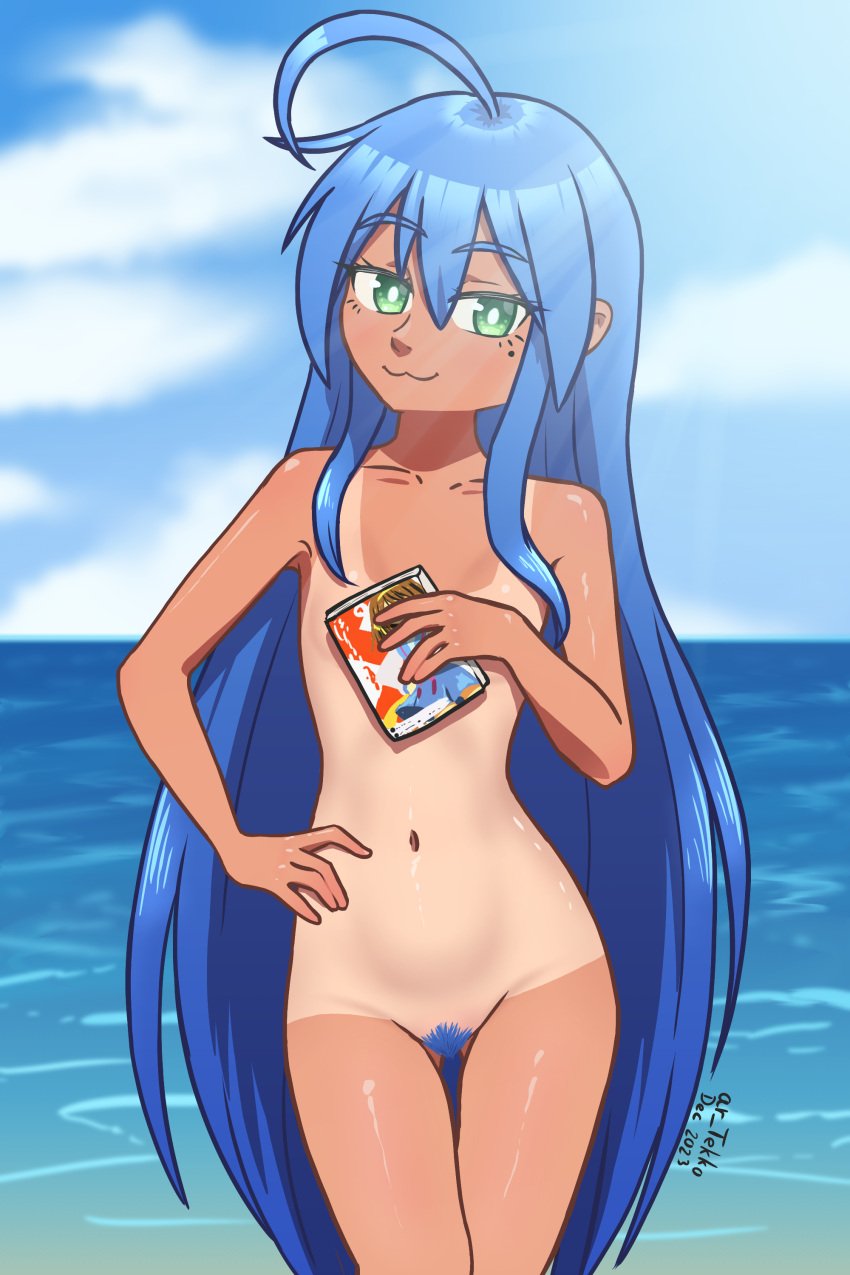 1girls :3 ahoge ar_tekko arm_on_hip beach blue_hair breasts completely_nude completely_nude_female covered_nipples eyebrows_visible_through_hair female female female_focus female_only front_view fully_nude green_eyes konata_izumi light-skinned_female light_skin long_hair lucky_star manga_(object) mole_under_eye naked naked_female nude nude_female nudity outdoors outside pubic_hair pussy self_upload small_breasts smug smug_face solo solo_female solo_focus tan tan-skinned_female tan_body tan_skin tanline tanlines tanned_skin