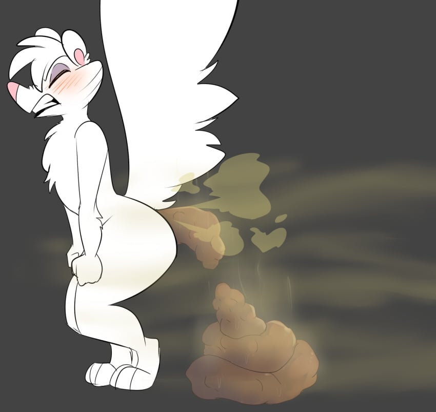 anthro ass clenched_teeth crouching digitigrade fart fart_cloud favorite_of_godlostme2 feces feces_pile fur harp_(skunkbutts) hi_res male mammal mephitid paws raised_tail scat skunk skunk_tail skunkbutts smelly solo solo_focus stink_fumes stink_lines tail teeth white_body white_fur