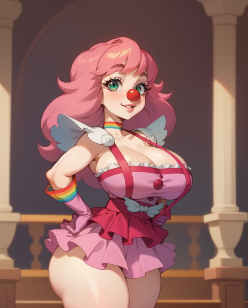 1girls ai_generated big_breasts breasts cleavage clothed clothing clown clown_girl clown_nose curvy female female_only geiru_toneido gloves green_eyes gyakuten_saiban looking_at_viewer navel pink_hair rocksolidart solo solo_female thick_thighs wide_hips