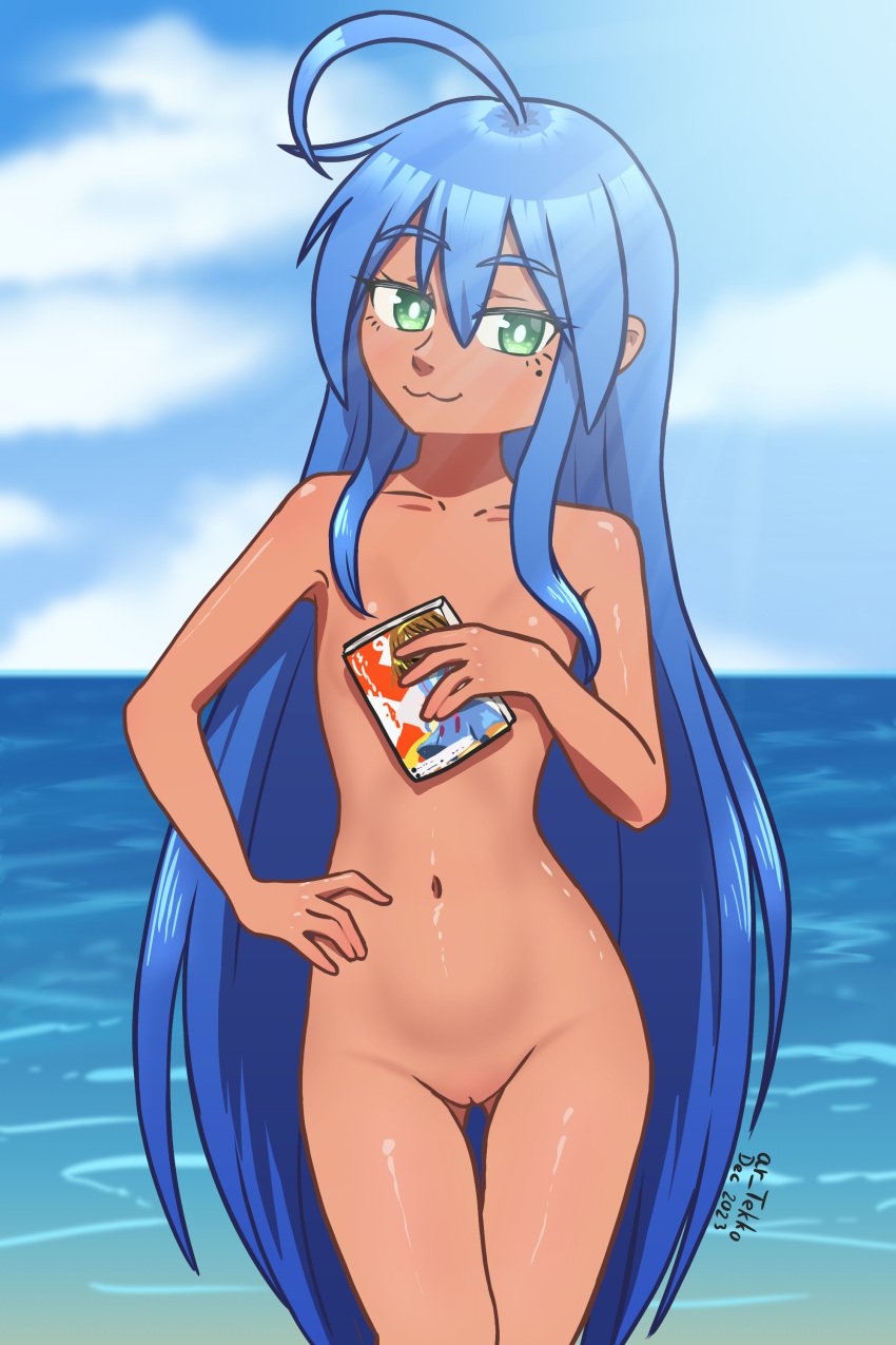 1girls :3 ahoge ar_tekko arm_on_hip beach blue_hair breasts completely_nude completely_nude_female covered_nipples eyebrows_visible_through_hair female female female_focus female_only front_view fully_nude green_eyes konata_izumi long_hair lucky_star manga_(object) mole_under_eye naked naked_female nude nude_female nudity outdoors outside pussy self_upload small_breasts smug smug_face solo solo_female solo_focus tan tan-skinned_female tan_body tan_skin tanned_skin