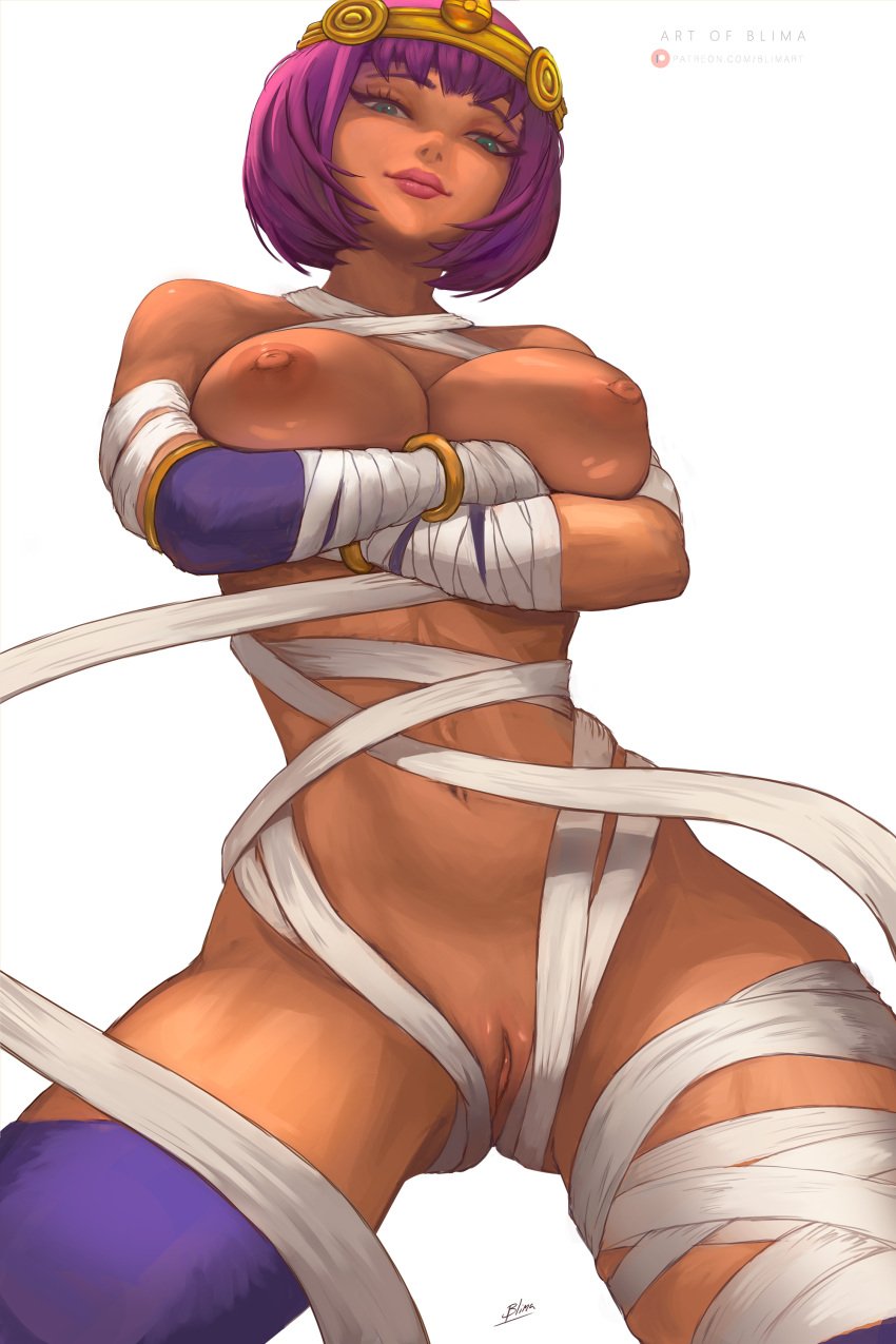 1girls areolae armwear big_breasts black_eyes blimaxxx bob_cut breasts capcom dark-skinned_female egyptian female female_only hair headwear hips huge_breasts lips looking_down menat_(street_fighter) mummy_wrappings nipples purple_hair purple_thighhighs pussy short_hair solo solo_female street_fighter thick_lips thighhighs thighs vagina wrappings