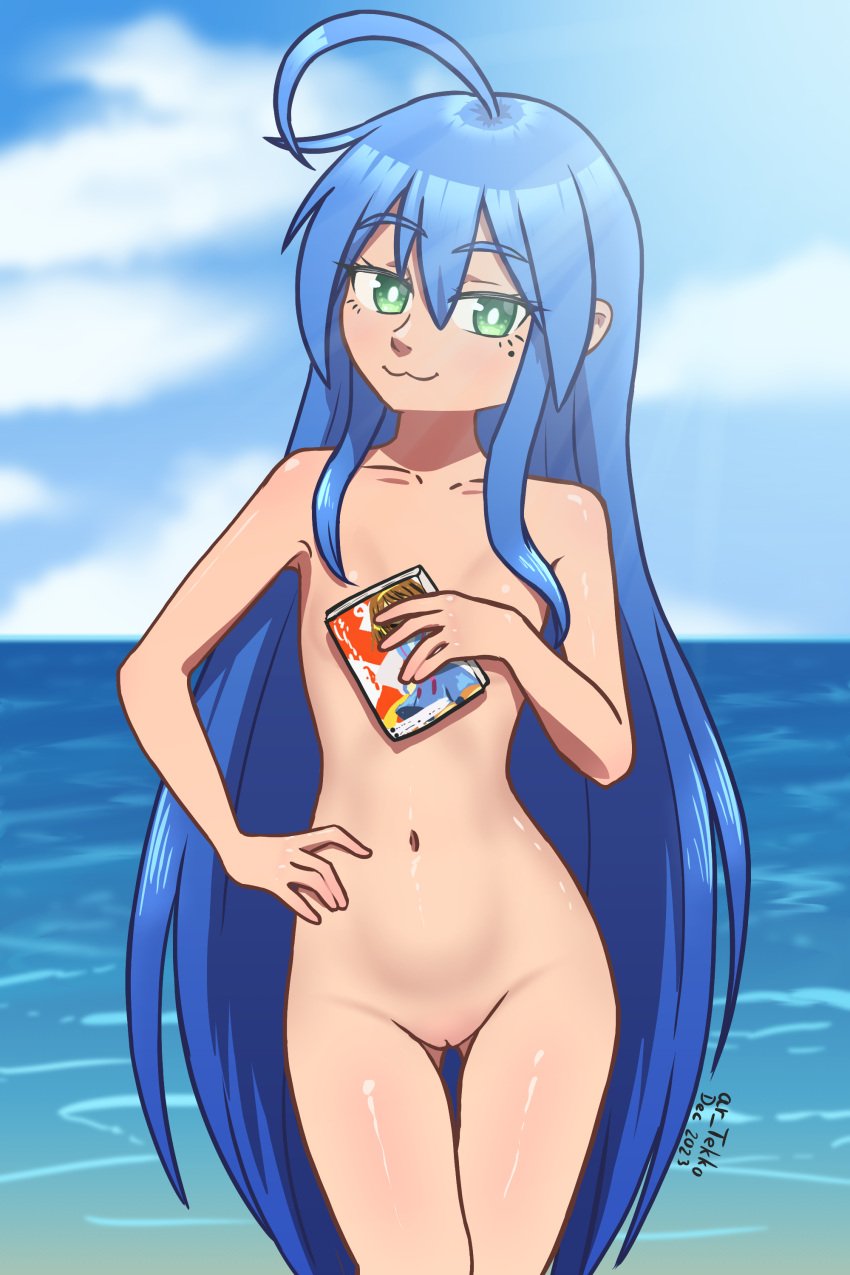 1girls :3 ahoge ar_tekko arm_on_hip beach blue_hair breasts completely_nude completely_nude_female covered_nipples eyebrows_visible_through_hair female female female_focus female_only front_view fully_nude green_eyes konata_izumi light-skinned_female light_skin long_hair lucky_star manga_(object) mole_under_eye naked naked_female nude nude_female nudity outdoors outside pussy self_upload small_breasts smug smug_face solo solo_female solo_focus