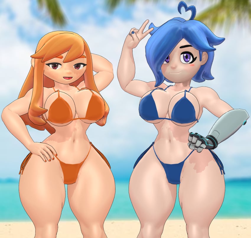 2girls 3d beach beach_background bikini blue_bikini blue_hair female female_only glitch_productions hair_over_one_eye human_meggy kabalmystic kapp-99 looking_at_viewer meggy_spletzer metal_arm mikumikudance orange_bikini orange_hair peace_sign purple_eyes robotic_arm smg4 tari_(smg4) two_piece_swimsuit youtube