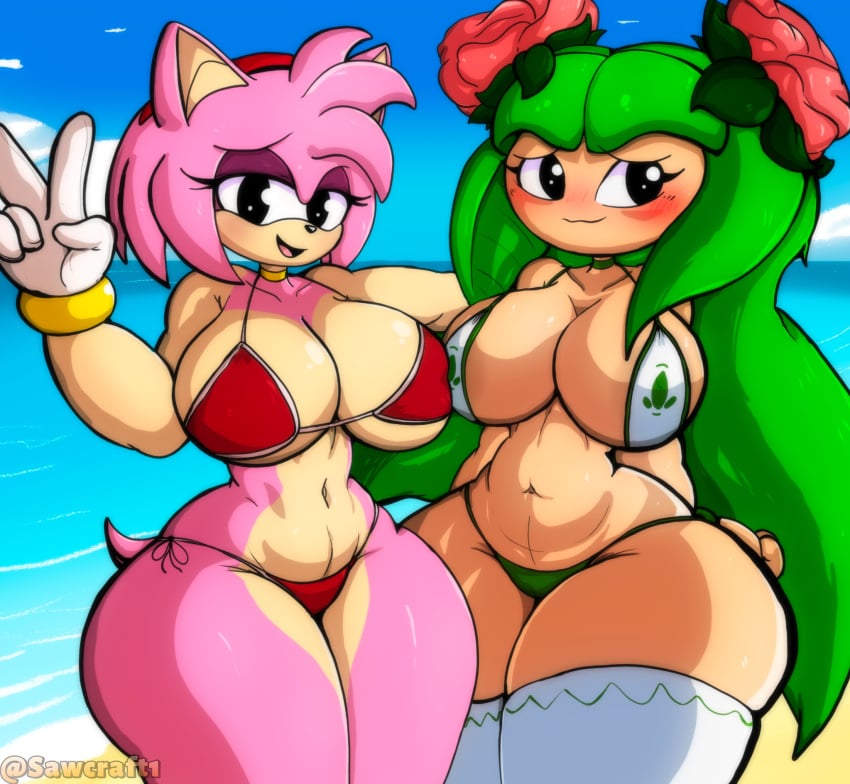 2023 2girls alien alien_girl amy_rose anthro beach big_breasts bikini black_eyes breasts cosmo_the_seedrian duo female_only gloves green_bikini green_bikini_bottom green_clothes green_hair hedgehog high_resolution highres huge_breasts light-skinned_female light_skin pink_body plant_girl red_bikini red_clothes sawcraft1 seedrian sega sonic_(series) sonic_the_hedgehog_(series) sonic_x thick_thighs thighs tms_entertainment