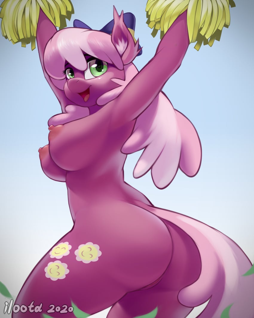 2020 anthro ass breasts cheerilee_(mlp) cheerleader cutie_mark digital_media_(artwork) earth_pony equid equine female friendship_is_magic hair hasbro horse iloota mammal my_little_pony nude open_mouth open_smile pink_hair pom_poms pony purple_body purple_fur smile solo tail